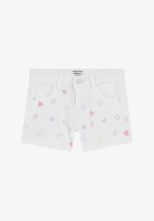 Hvide børneshorts med pastelfarvede hjerter og bogstaver over det hele, med forlommer og knaplukning.