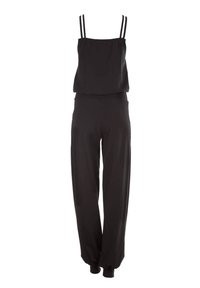 Zwarte jumpsuit met dunne bandjes, losse top en wijde pijpen. Gemaakt van gladde stof met een vloeiende textuur.