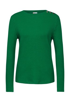 Maglia a maniche lunghe verde a coste con scollatura a girocollo e tre bottoni decorativi sulla spalla sinistra. Materiale in cotone morbido.