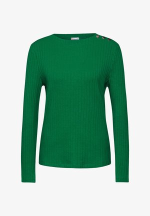 Vihreä ribbipinta pitkähihaisen paita, jossa on pyöreä kaula-aukko ja kolme koristeellista nappia vasemmalla olalla. Pehmeä puuvillamateriaali.