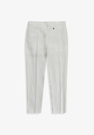 Light grey formal trousers with belt loops, front zipper, and side pockets, displayed flat on a white background.