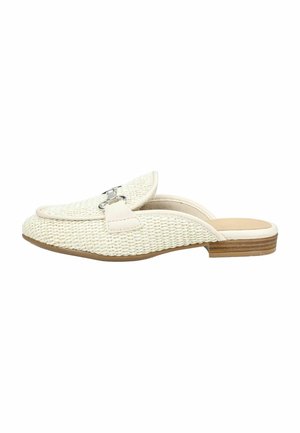 Off-white vævet slip-on mule med spids tå, sølv metalbit detalje og lav stablet træhæler.