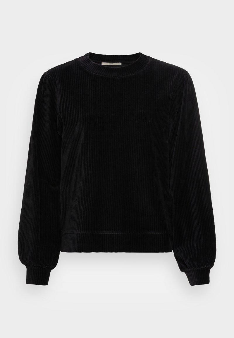 Pull noir en velours côtelé à manches longues avec encolure, poignets et ourlet côtelés, présenté sur un fond blanc et plat.