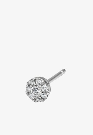 Pendiente de plata con un conjunto de pequeñas piedras preciosas redondas y transparentes dispuestas en un patrón circular.