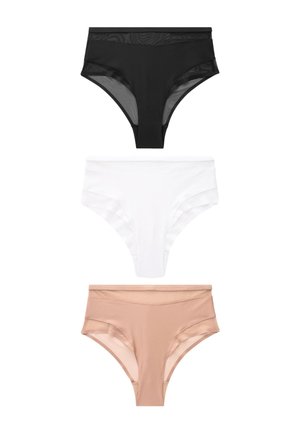 Tre hipster-trusser til kvinder i sort, hvid og nude farver, arrangeret lodret på en hvid baggrund.