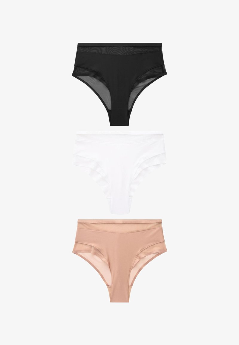 Drie dames hipster-stijl slipjes in zwart, wit en nude kleuren, verticaal gerangschikt op een witte achtergrond.