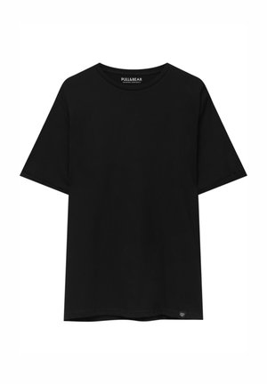 Black short-sleeve t-shirt made of cotton, featuring a crew neck and a small brand label on the lower left side.