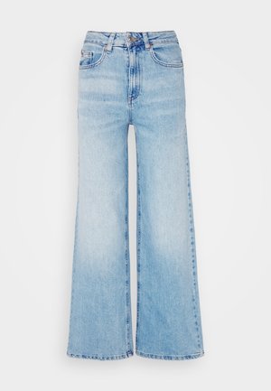 Light blue high-waisted wide-leg jeans with front button and zip closure, belt loops, and classic five-pocket design.