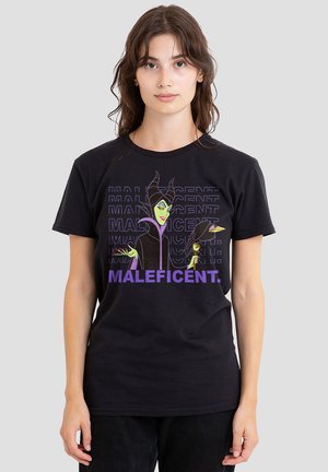 Black cotton t-shirt featuring a graphic of Maleficent with green skin and purple accents, text reading "MALEFICENT" in bold purple letters.
