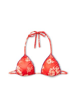 Červený květinový bikini top ve tvaru trojúhelníku. Obsahuje zavazovací ramínka na krku a na zádech, vlnité okraje a jemný květinový potisk na hladkém materiálu.