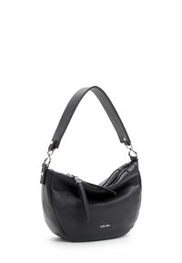 Must nahast õlakott hõbedaste lukkude ja metalldetailidega, lühikese rihmaga ning ees "Suri Frey" logo.