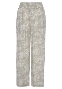 Jasnoszare spodnie z wzorem liści w kolorze białym, wykonane z miękkiego materiału, z elastycznym paskiem w talii i luźnym krojem.