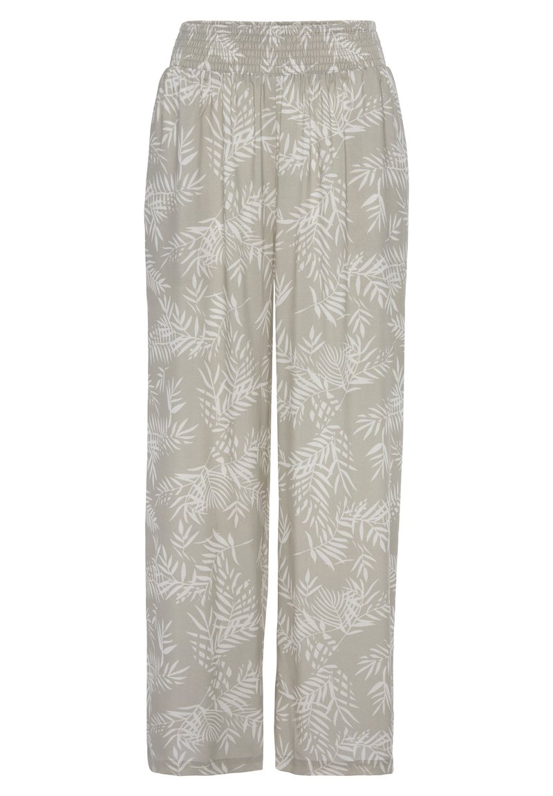 Jasnoszare spodnie z wzorem liści w kolorze białym, wykonane z miękkiego materiału, z elastycznym paskiem w talii i luźnym krojem.
