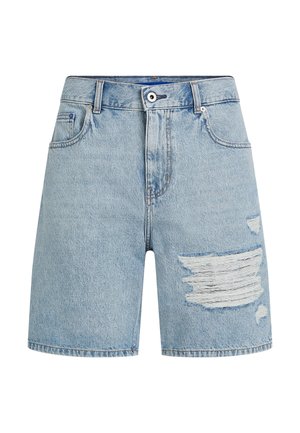 Svetlomodré rifľové šortky s vysokým pásom, so zdobením opotrebovaným vzhľadom a ošúchanými okrajmi. Dva predné vrecká a zapínanie na zips.