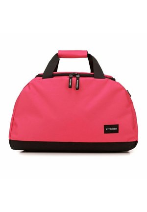 Rosa Sporttasche mit schwarzem Boden, aus Stoffmaterial, zwei schwarzen Griffen und doppeltem Reißverschluss. Verfügt über ein Logo-Patch an der Seite.