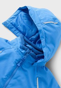 Blue waterproof jacket with a hood, featuring a fleece lining, zip closure, and reflective accents on the shoulders and chest.