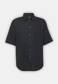 Black short-sleeve shirt made of lightweight fabric, featuring a button-up front, a chest pocket, and a pointed collar.