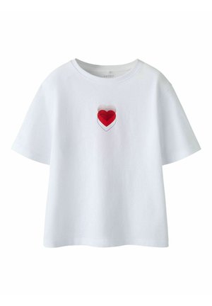 White short-sleeve T-shirt with a small overlapping red hearts graphic centered on the chest.