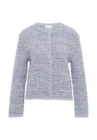 Hellblau, strukturiert gestrickte Strickjacke mit langen Ärmeln, rundem Halsausschnitt, silbernen Knopfverschlüssen und zwei Fronttaschen.