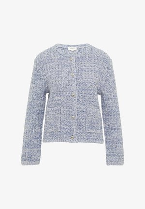 Lichtblauwe, gestructureerde gebreide cardigan met lange mouwen, ronde halslijn, zilveren knoopsluitingen en twee voorkanten zakken.