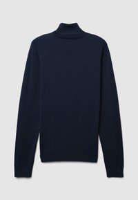 Dunkelblauer, langärmeliger Rollkragenpullover aus glattem Strickstoff. Verfügt über einen hohen Kragen sowie gerippte Bündchen und Saum. Rückansicht dargestellt.