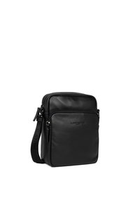 Borsa a tracolla in pelle nera con forma rettangolare, chiusura con zip e tracolla regolabile. Presenta un logo impresso e una texture liscia.