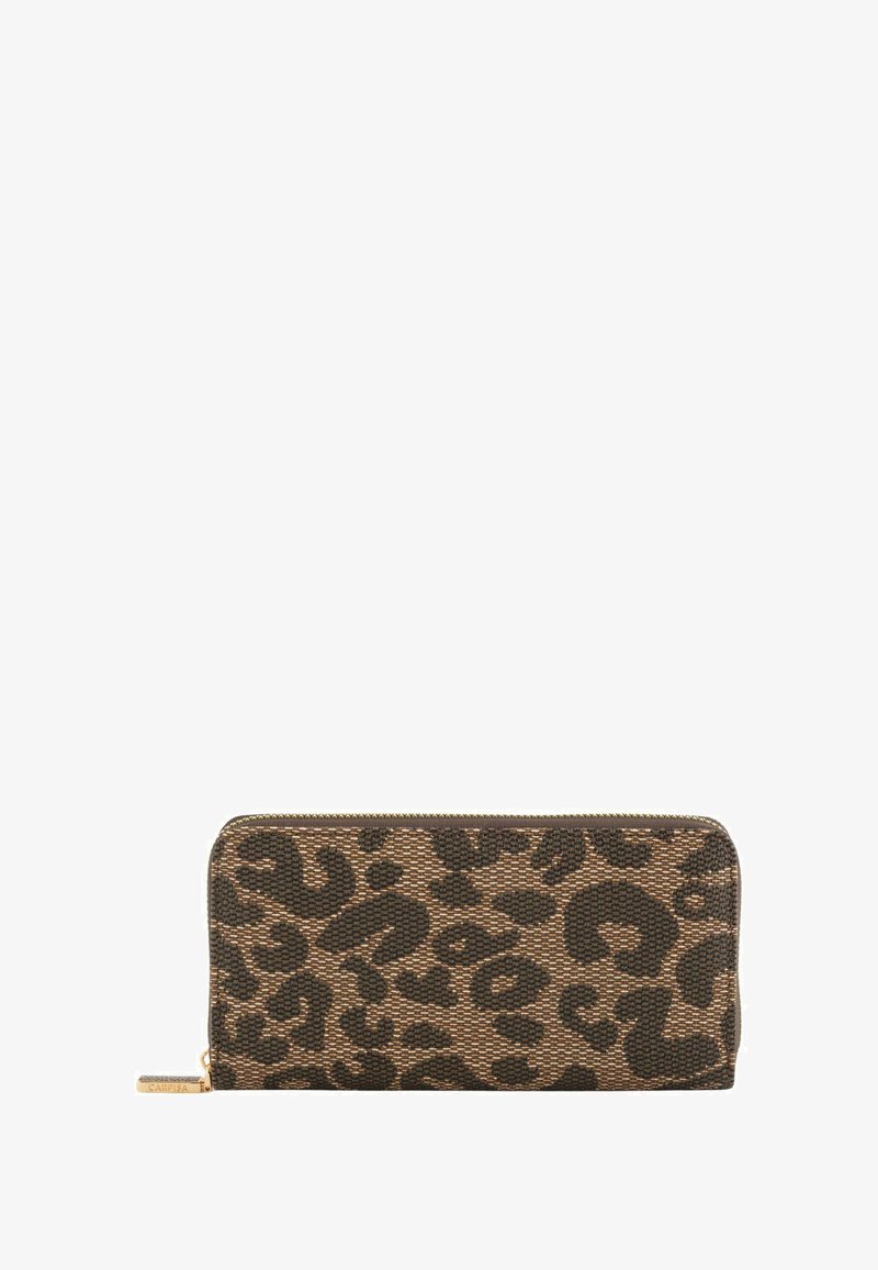 Leopard-print wallet in brown and black woven fabric with a gold zipper. Slim shape with a textured surface and branded zipper pull.