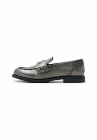 Metallic grey leather loafer with rounded toe, decorative strap detail, and subtle stitching. Low, black rubber heel for comfort.