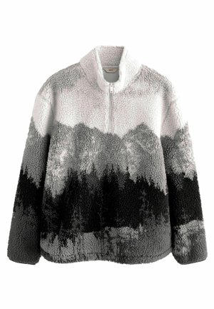 Grau und schwarzer Fleece-Pullover mit halbem Reißverschluss, strukturiertem Oberflächen und einem Farbverlauf-Design, das an gebirgige Landschaften erinnert.