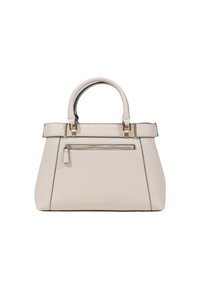 Sac à main en cuir gris clair avec double poignées, fermeture zippée en haut et poche zippée à l'avant. Présente des accents en métal doré.