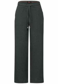 Grijze wijde broek van textuurstof. Heeft een elastische tailleband met een trekkoord en zilveren hardwareaccenten.