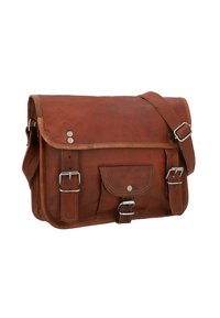 Brown leather messenger bag with a flap, adjustable strap, front pocket, silver hardware, and contrasting stitching details.