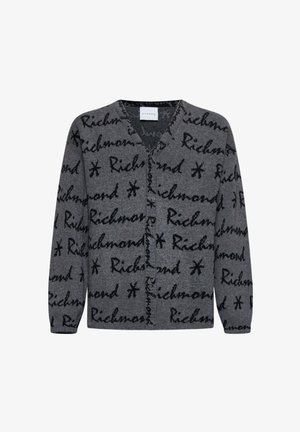 Cardigan grigio con scollo a V, motivo testuale nero "Richmond", bottoni frontali e maniche lunghe con una texture morbida.