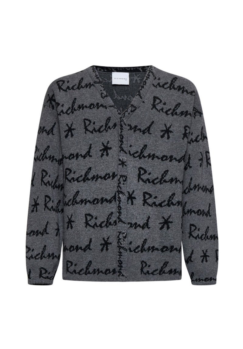 Cardigan grigio con scollo a V, motivo testuale nero "Richmond", bottoni frontali e maniche lunghe con una texture morbida.