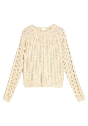 Pull en maille torsadée couleur crème avec manches longues et encolure ronde, présentant un motif côtelé texturé.