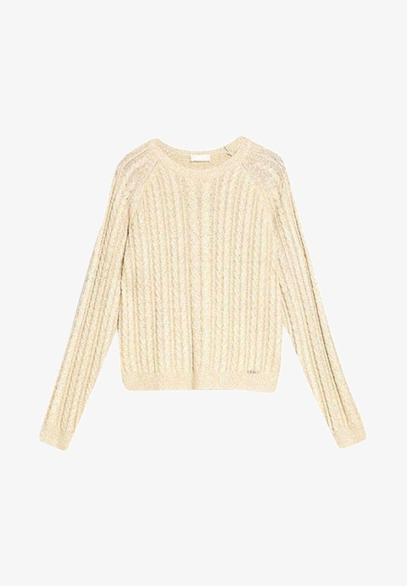 Pull en maille torsadée couleur crème avec manches longues et encolure ronde, présentant un motif côtelé texturé.