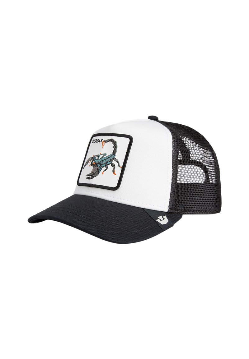 Trucker-Kappe mit weißer Vorderseite, schwarzem Mesh-Rücken und gebogenem Schirm. Mit einem farbigen, gestickten Skorpion-Patch auf der Vorderseite.