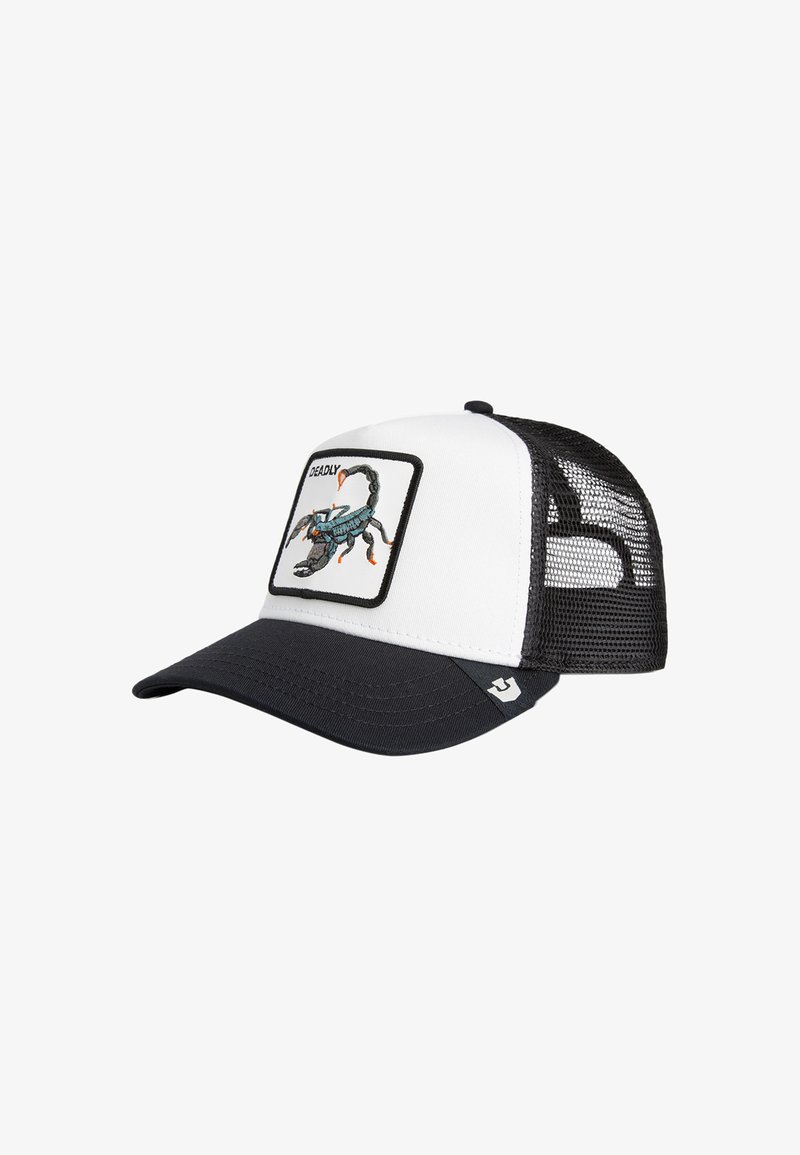 Trucker cap with a white front, black mesh back, and a curved brim. Features a colored embroidered scorpion patch on the front.