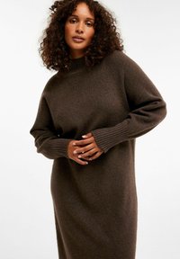 Braunes Strickkleid mit hohem Kragen, gerippten Bündchen und lockerer Passform. Weicher Stoff, mittellang, geeignet für verschiedene Anlässe.