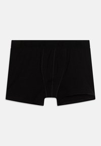 Boxer shorts noirs fabriqués dans un tissu doux, avec une large ceinture élastique noire portant un logo en relief, et une poche frontale avec des détails de couture.