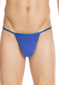 Blauer Männerthong aus glattem Material, mit dünnen Trägern und einer enganliegenden Passform, ohne zusätzliche Muster oder Hardware-Details.