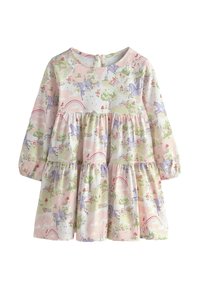 Langærmet babytøj med pink, grøn og hvid fantasiprint med enhjørninger, slotte, regnbuer, træer og blomster.