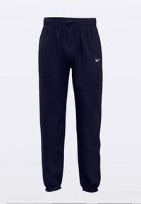 Pantalones deportivos azul marino hechos de tela suave, con una cintura elástica con cordón y un pequeño logo blanco en el muslo izquierdo.