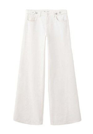 Jean en denim blanc à jambes larges avec poches avant et passants de ceinture sur fond blanc uni.