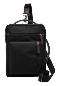 Sac messager noir en tissu durable, avec des accents en cuir, des poches zippées, une poignée supérieure et une sangle réglable.