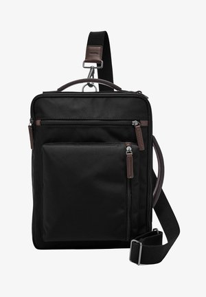 Borsa a tracolla nera realizzata in tessuto resistente, con dettagli in pelle, tasche con zip, manico superiore e tracolla regolabile.