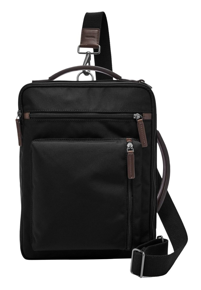 Sac messager noir en tissu durable, avec des accents en cuir, des poches zippées, une poignée supérieure et une sangle réglable.