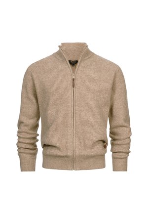 Beżowy sweter zapinany na zamek z prążkowanego materiału, z wysokim kołnierzem, długimi rękawami i małym skórzanym akcentem na dole.