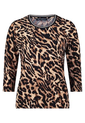Top a maniche lunghe in stampa leopardo nei toni del nero, marrone e beige. Caratterizzato da un collo rotondo e da un tessuto liscio con una texture morbida.