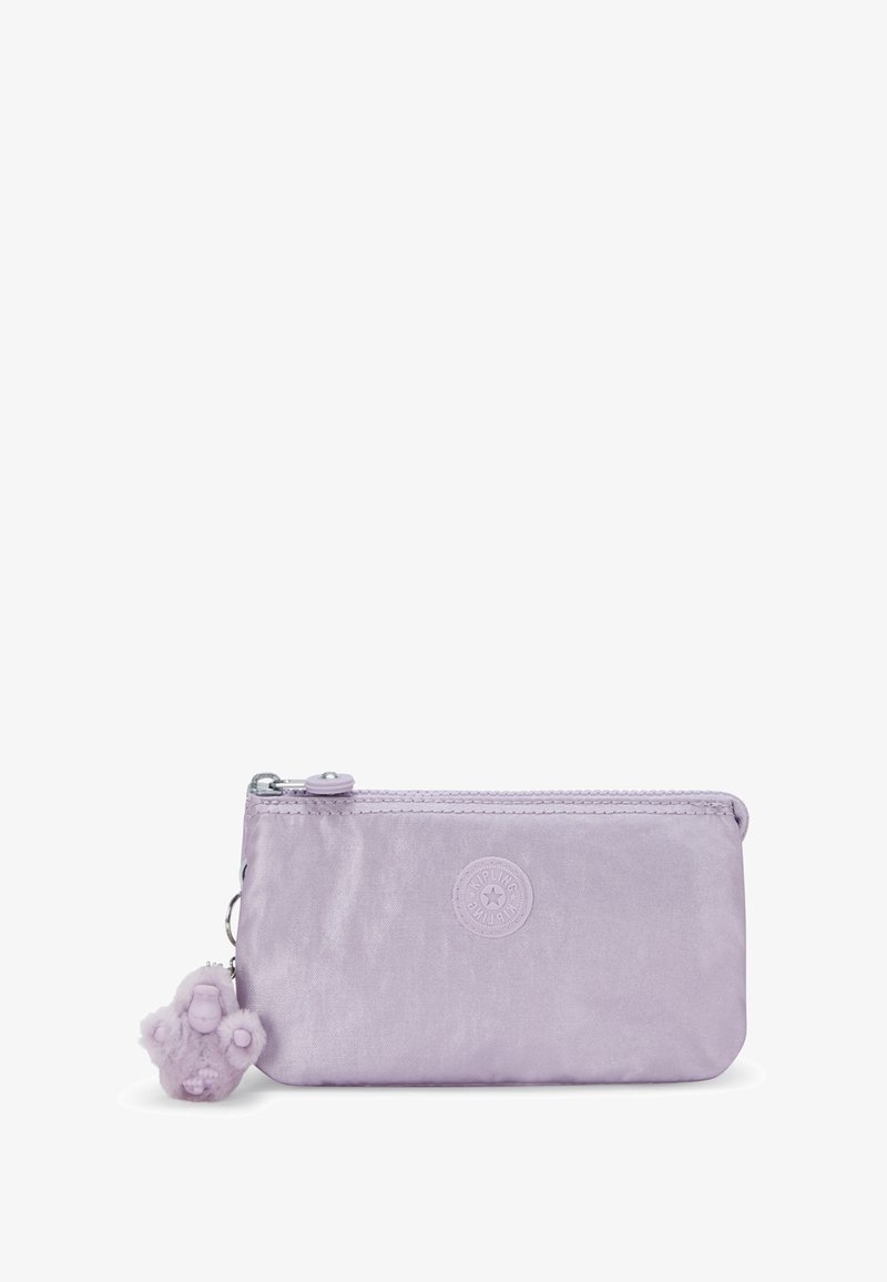 Lilac rectangular zippered pouch with a small plush keychain attached and a circular brand logo on the front.
